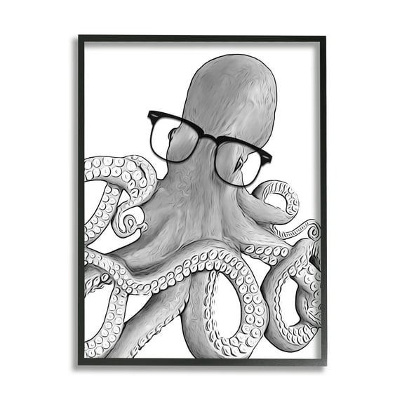 Stupell Industries Monochrome Octopus Illustration Black White Glasses Design , 11 x 14, Design by Annalisa Latella