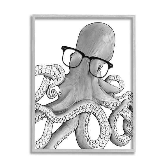 Stupell Industries Monochrome Octopus Illustration Black White Glasses Design , 16 x 20, Design by Annalisa Latella