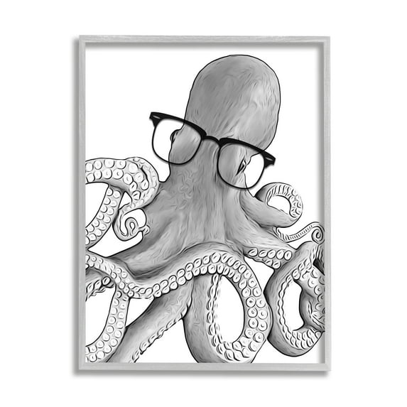 Stupell Industries Monochrome Octopus Illustration Black White Glasses Design , 24 x 30, Design by Annalisa Latella