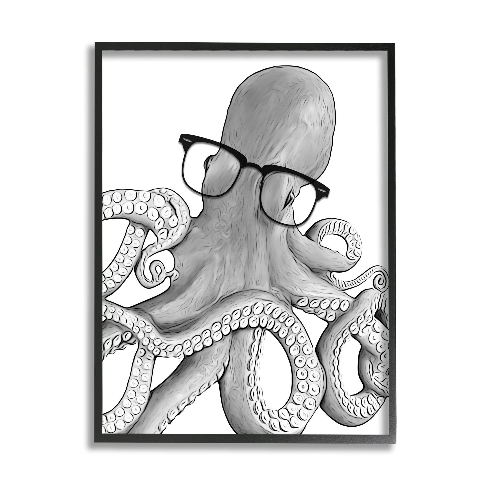 Stupell Industries Monochrome Octopus Illustration Black White Glasses Design Graphic Art Black Framed Art Print Wall Art, 16x20, by Annalisa Latella