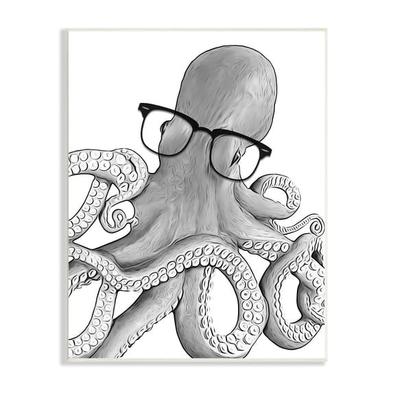 Stupell Industries Monochrome Octopus Illustration Black White Glasses Design Graphic Art Unframed Art Print Wall Art, 10x15, by Annalisa Latella