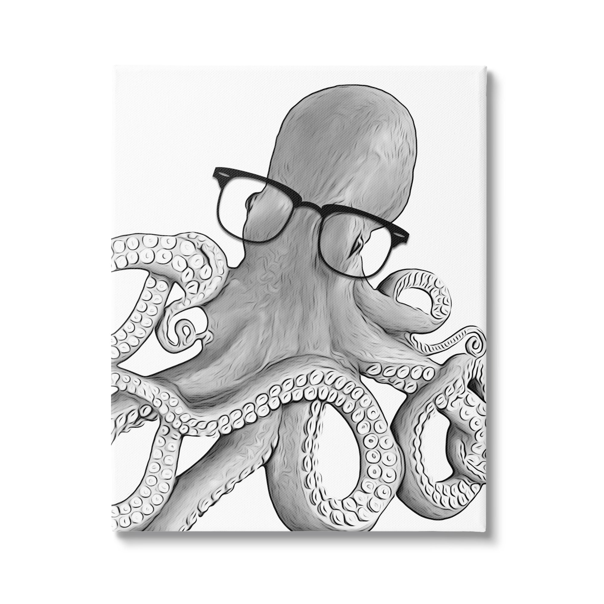 Stupell Industries Monochrome Octopus Illustration Black White Glasses Design Kids Painting Gallery-Wrapped Canvas Print Wall Art, 16 x 20, Design by Annalisa Latella