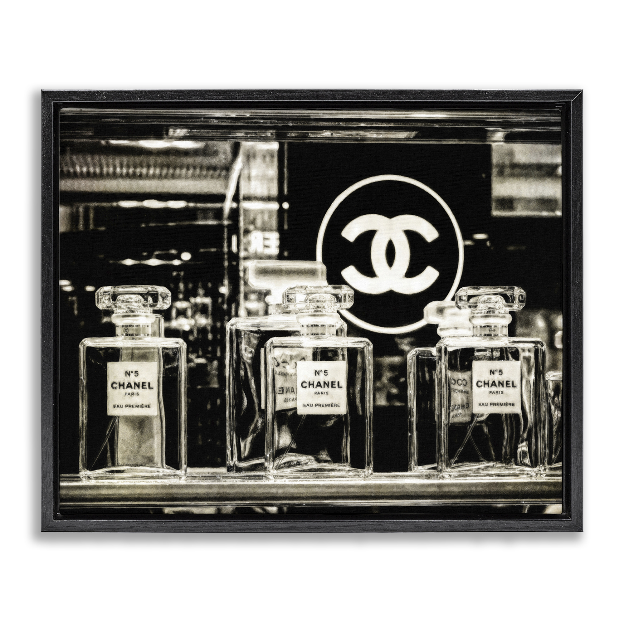 Stupell Industries Monochrome Perfumes Display Fashion Painting Black Floater Framed Canvas Art Print Wall Art, 31 x 25