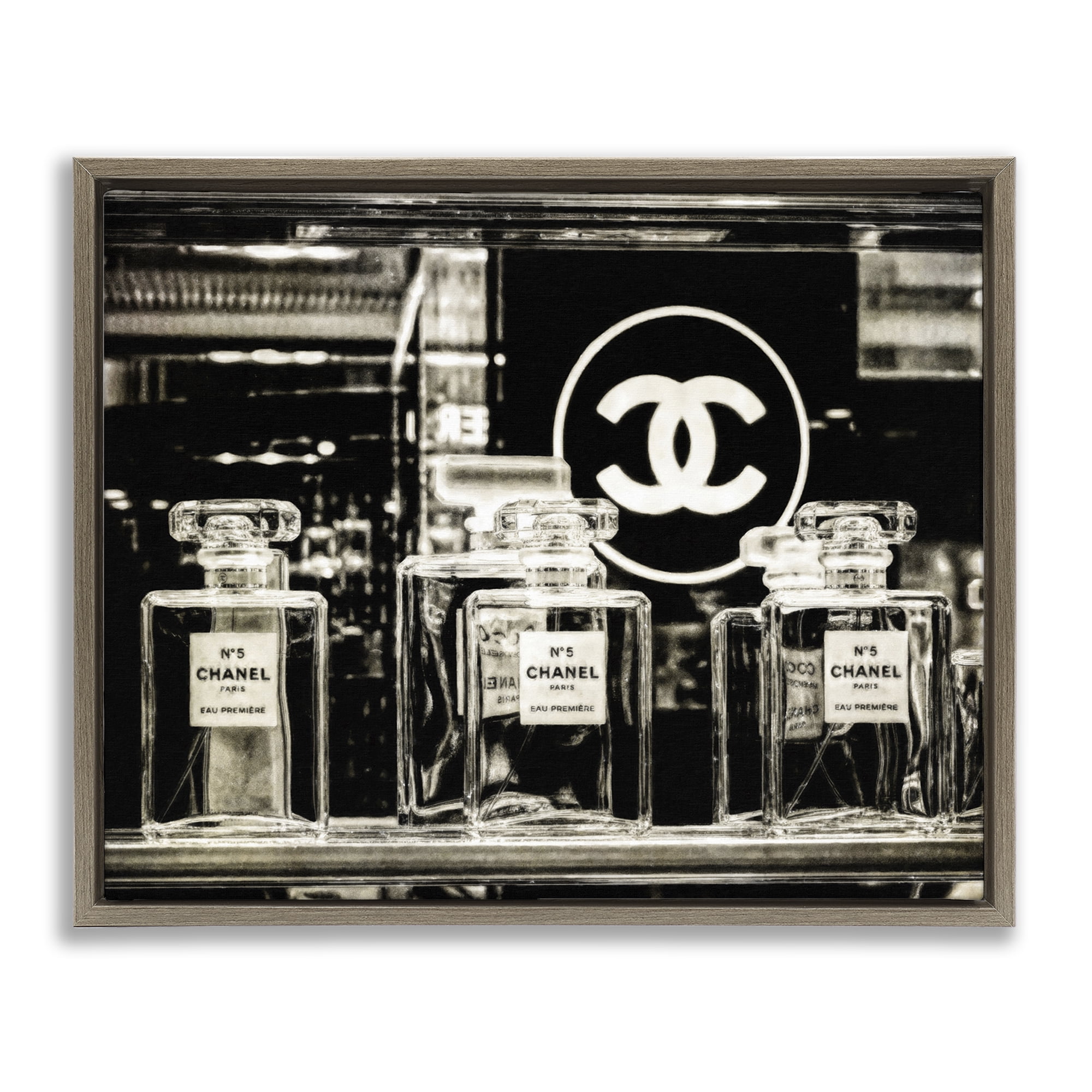 Stupell Industries Monochrome Perfumes Display Fashion Painting Brown Floater Framed Canvas Art Print Wall Art, 31 x 25