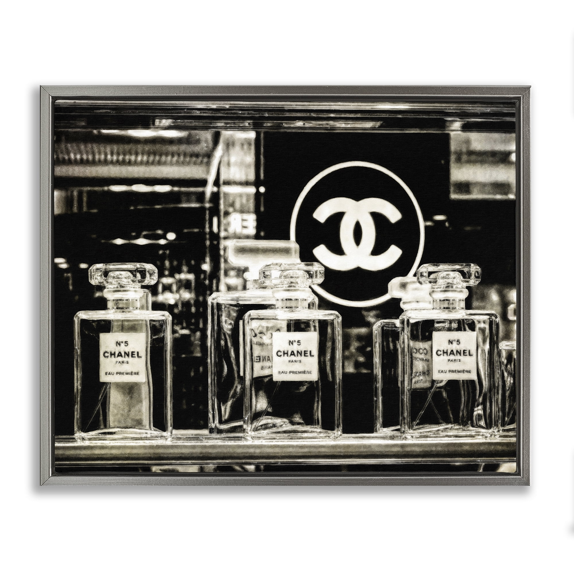 Stupell Industries Monochrome Perfumes Display Fashion Painting Gray Floater Framed Canvas Art Print Wall Art, 21 x 17