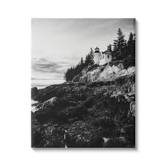 Stupell Industries Monochrome Rocky Shoreline Beach Clouds Lighthouse Photography Canvas Wall Art, 36 x 48, Design by Daniel Sproul