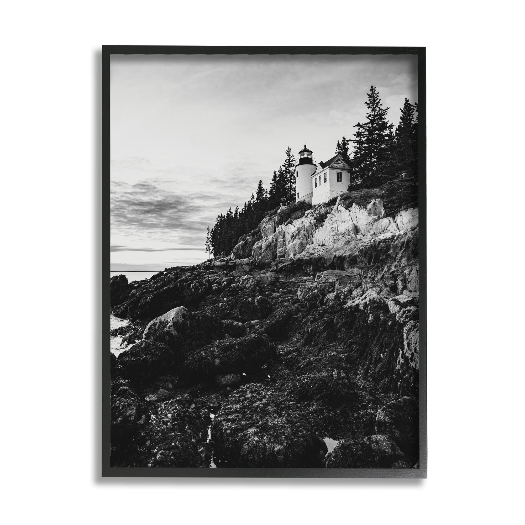 Stupell Industries Monochrome Rocky Shoreline Beach Clouds Lighthouse Photography Framed Wall Art, 11 x 14, Design by Daniel Sproul