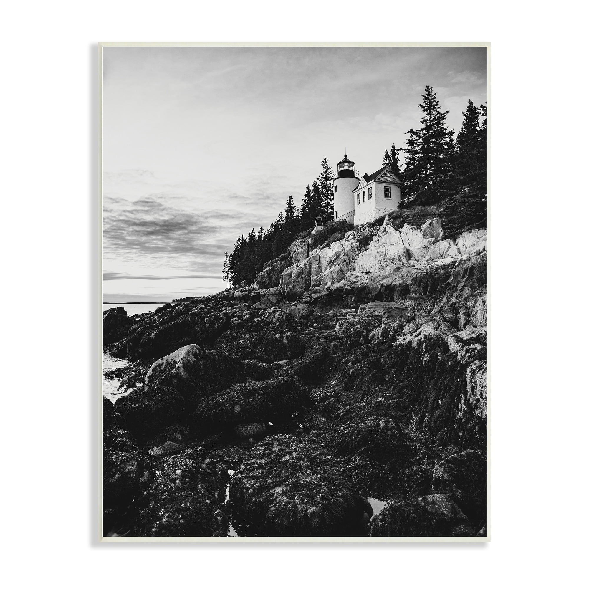 Stupell Industries Monochrome Rocky Shoreline Beach Clouds Lighthouse Photography Wood Wall Art, 10 x 15, Design by Daniel Sproul