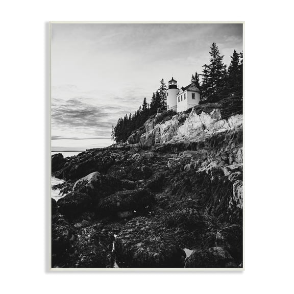 Stupell Industries Monochrome Rocky Shoreline Beach Clouds Lighthouse Photography Wood Wall Art, 10 x 15, Design by Daniel Sproul
