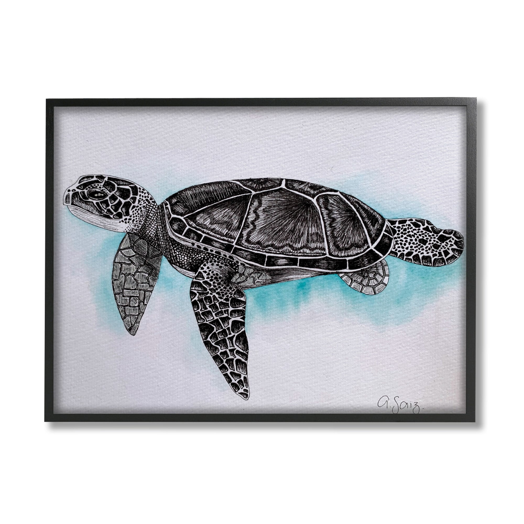 Stupell Industries Monochrome Sea Turtle Marine Life Watercolor Pattern Framed Wall Art, 20 x 16, Design by Ale Saiz Studio