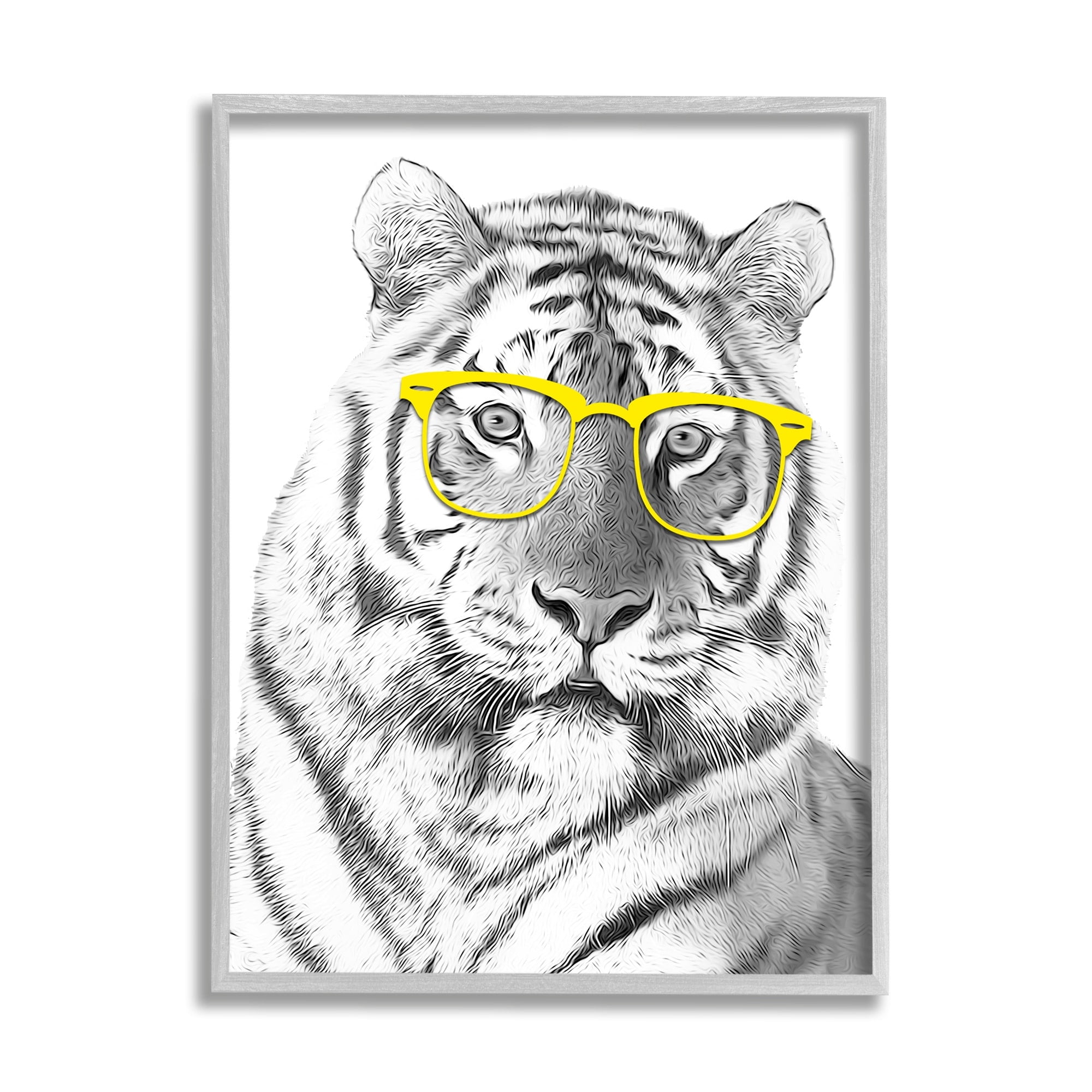 Stupell Industries Monochrome Tiger Portrait Wearing Yellow Glasses Design Graphic Art Gray Framed Art Print Wall Art, 16x20, by Annalisa Latella