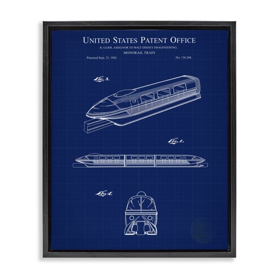 Stupell Industries Industrial Monorail Train Blueprint Black Floating Frame Canvas Art, 25 x 31, by Karl Hronek