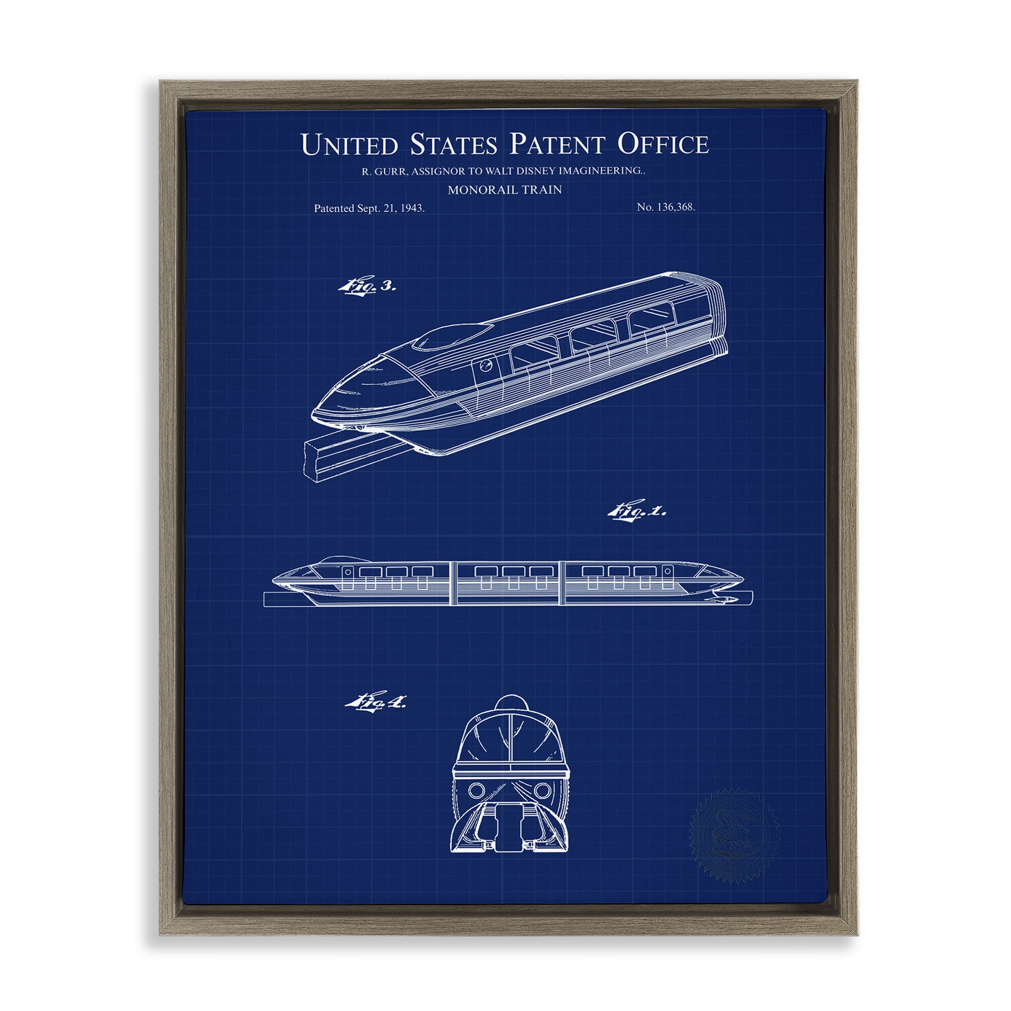 Stupell Industries Monorail Train Blueprint Transportation Painting Brown Floater Framed Art Print Wall Art, 25 x 31