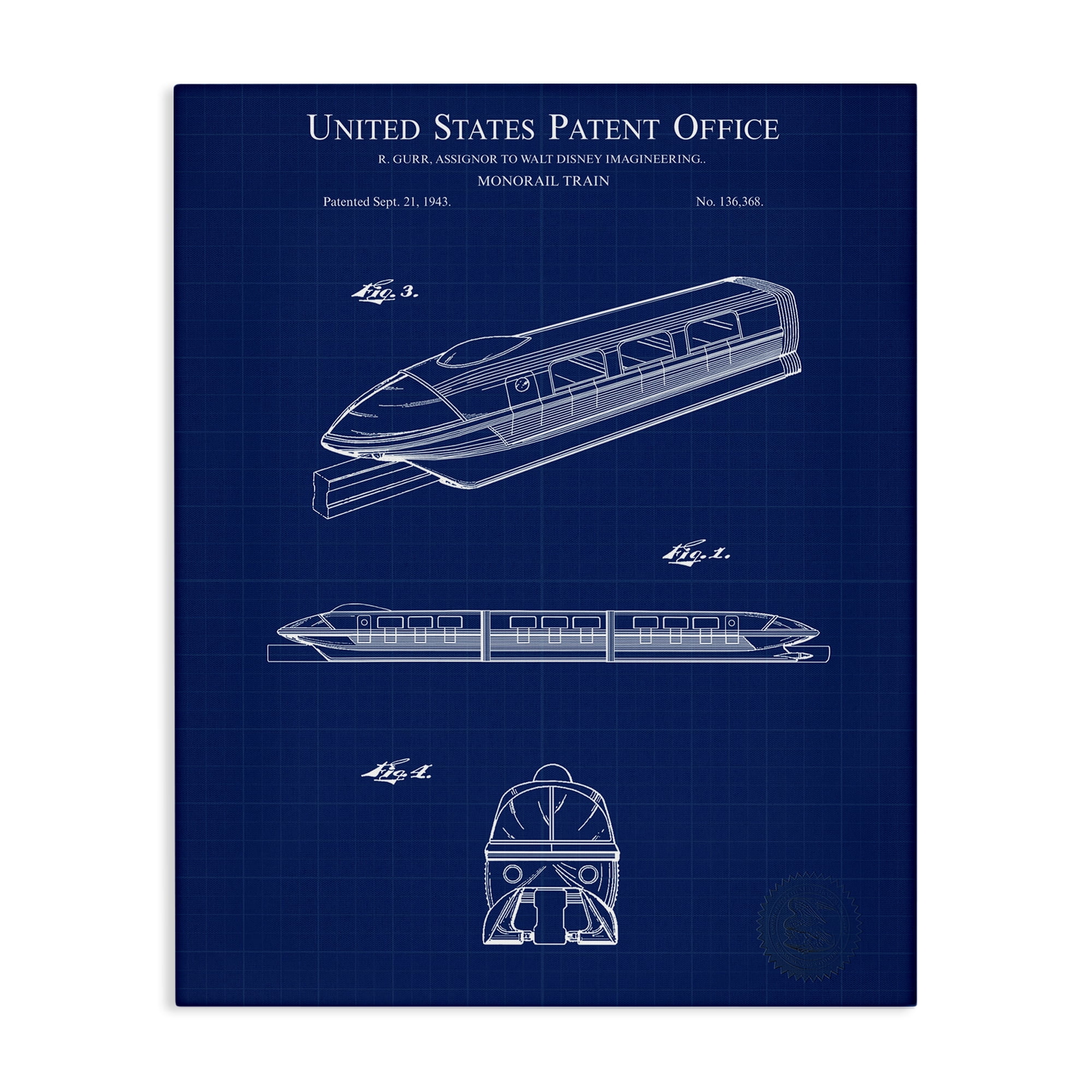 Stupell Industries Monorail Train Blueprint Transportation Painting Gallery Wrapped Canvas Art Print Wall Art, 36 x 48