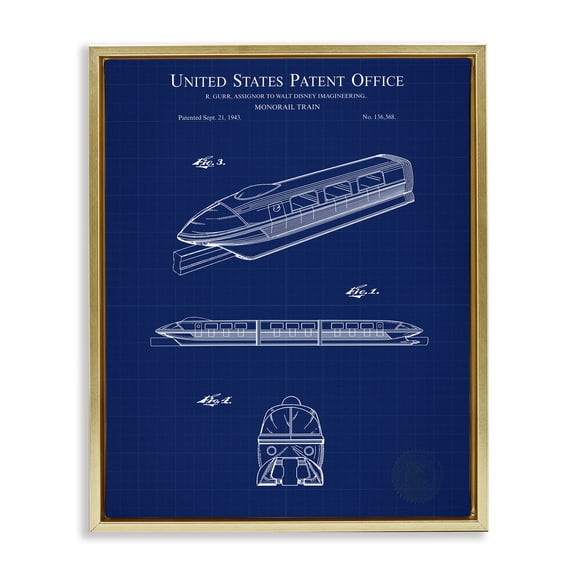 Stupell Industries Monorail Train Blueprint Transportation Painting Gold Floater Framed Art Print Wall Art, 17 x 21