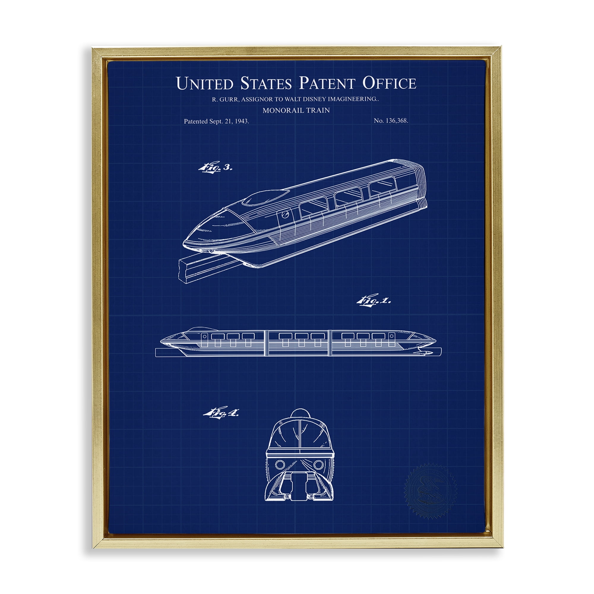 Stupell Industries Monorail Train Blueprint Transportation Painting Gold Floater Framed Art Print Wall Art, 25 x 31