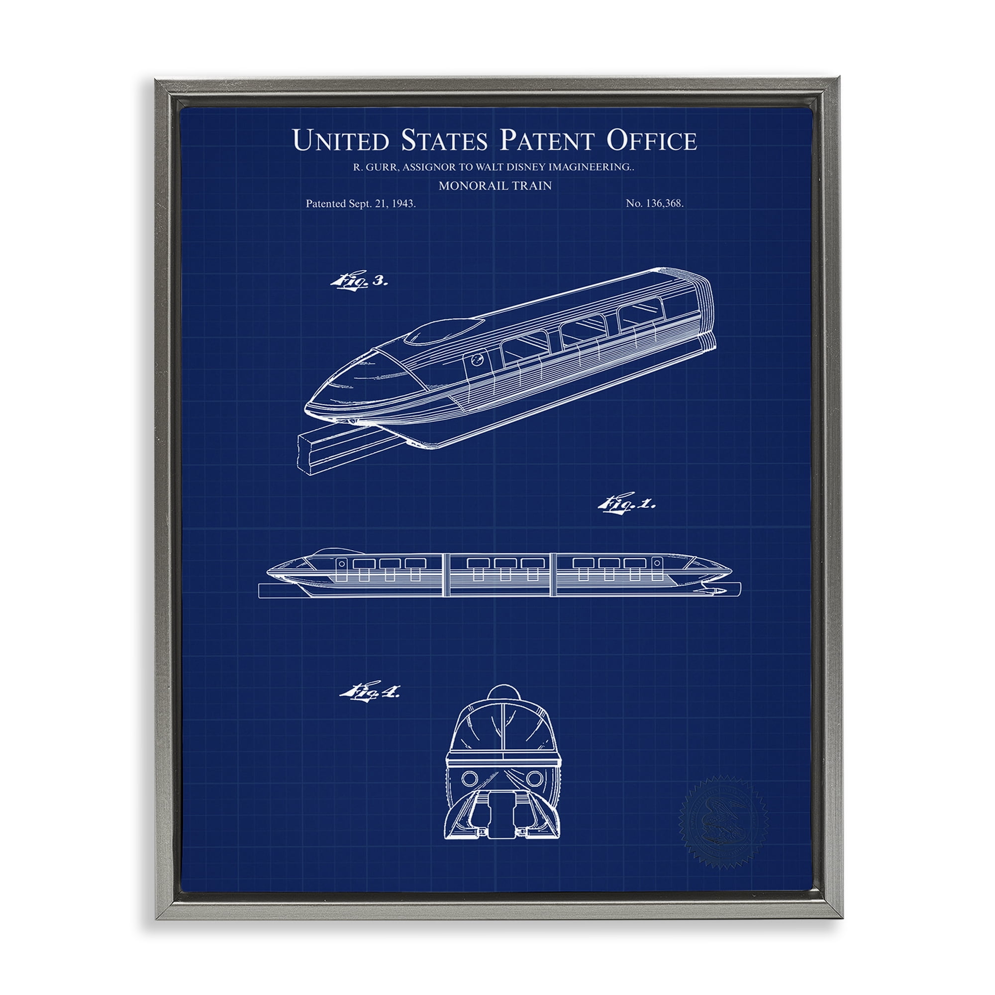 Stupell Industries Monorail Train Blueprint Transportation Painting Gray Floater Framed Art Print Wall Art, 25 x 31