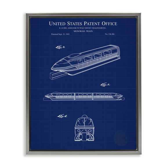 Stupell Industries Monorail Train Blueprint Transportation Painting Gray Floater Framed Art Print Wall Art, 25 x 31