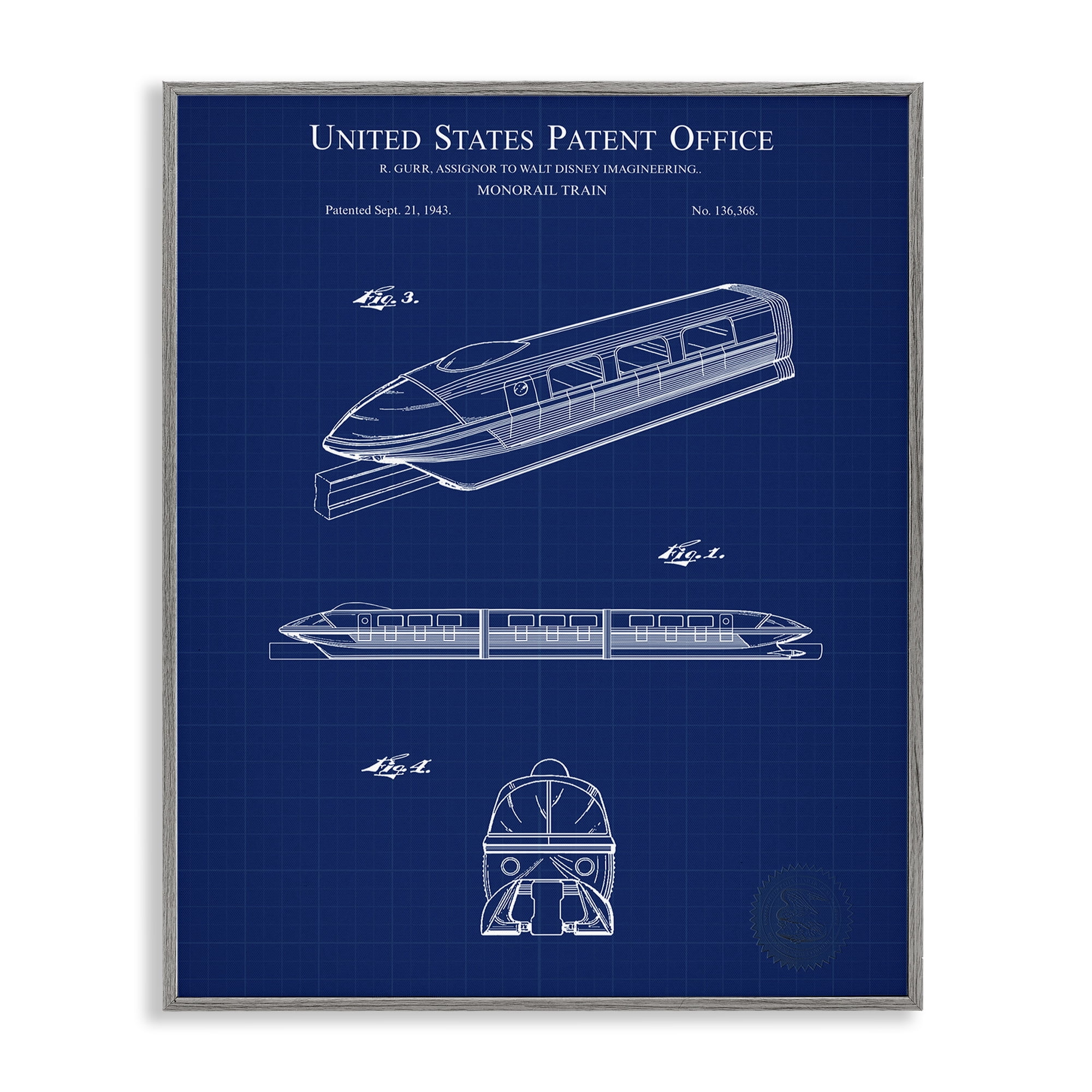 Stupell Industries Monorail Train Blueprint Transportation Painting Gray Framed Art Print Wall Art, 24 x 30
