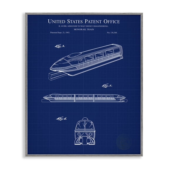 Stupell Industries Monorail Train Blueprint Transportation Painting Gray Framed Art Print Wall Art, 24 x 30