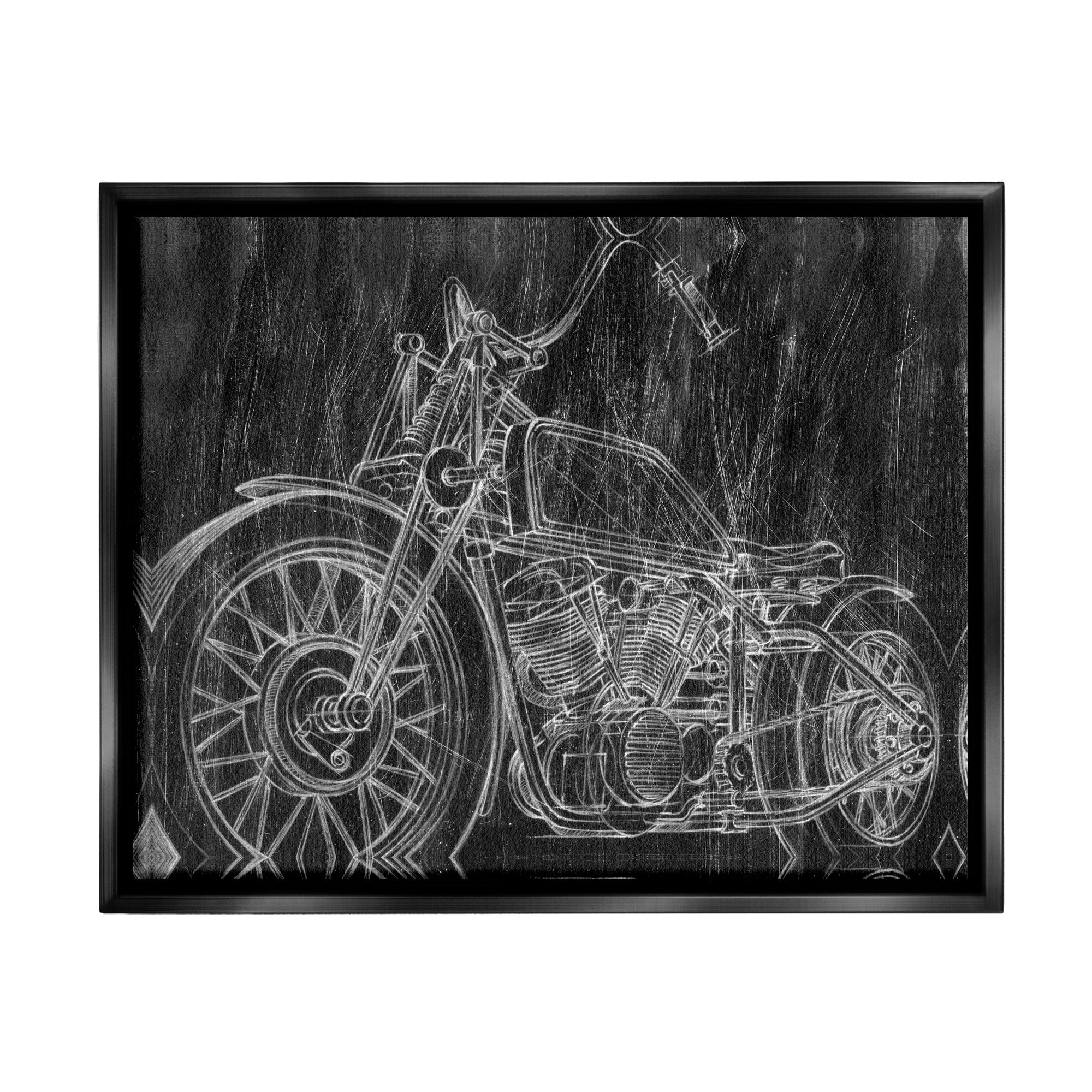 Stupell Industries Monotone Black and White Motorcycle Sketch Jet Black Framed Floating Canvas Wall Art, 16x20, by Ethan Harper