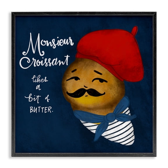 Stupell Industries Monsieur Croissant Likes Butter Quotes and Sayings Painting Black Framed Art Print Wall Art, 24 x 24