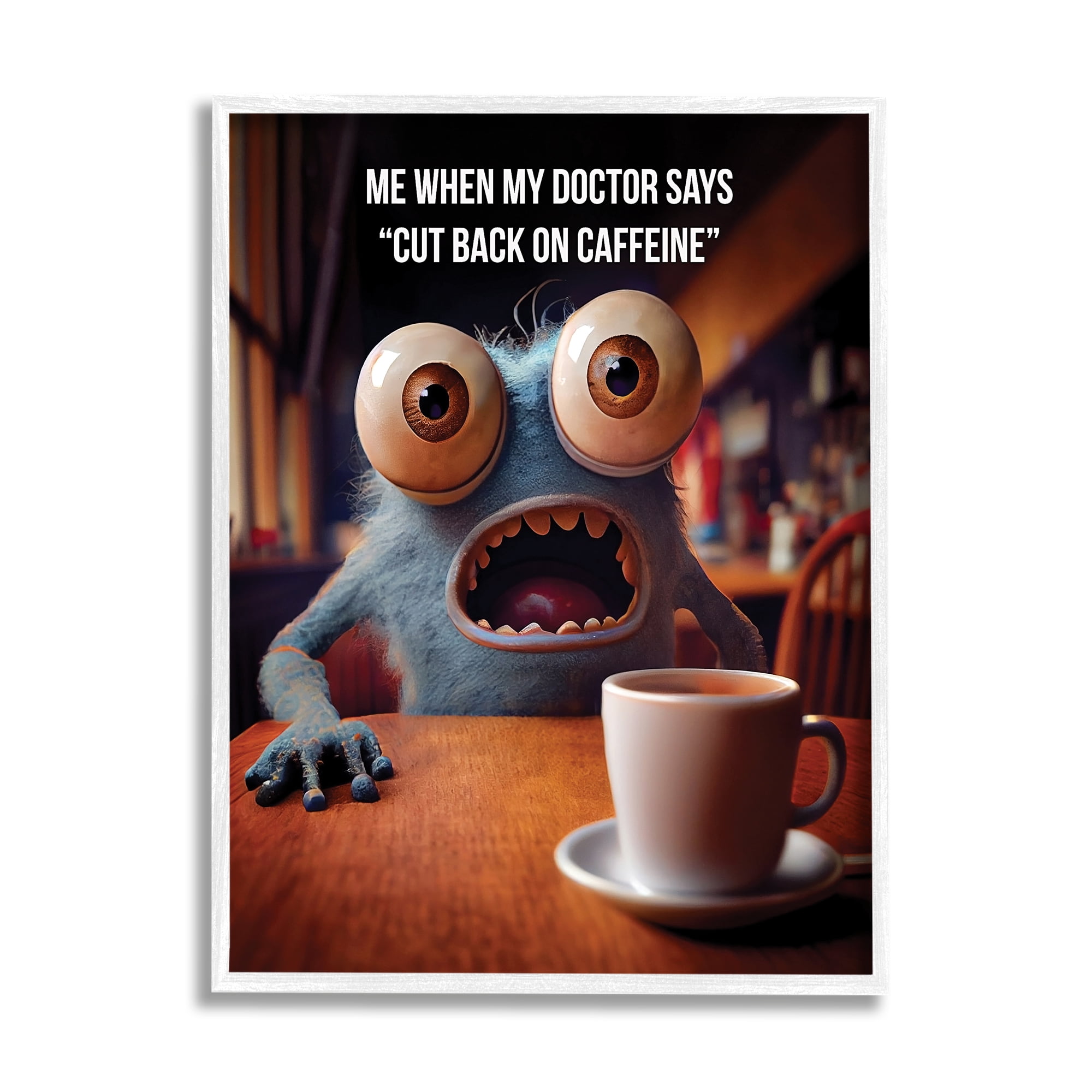 Stupell Industries Monster & Coffee Phrase Food & Beverage Painting White Framed Art Print Wall Art, 11 x 14