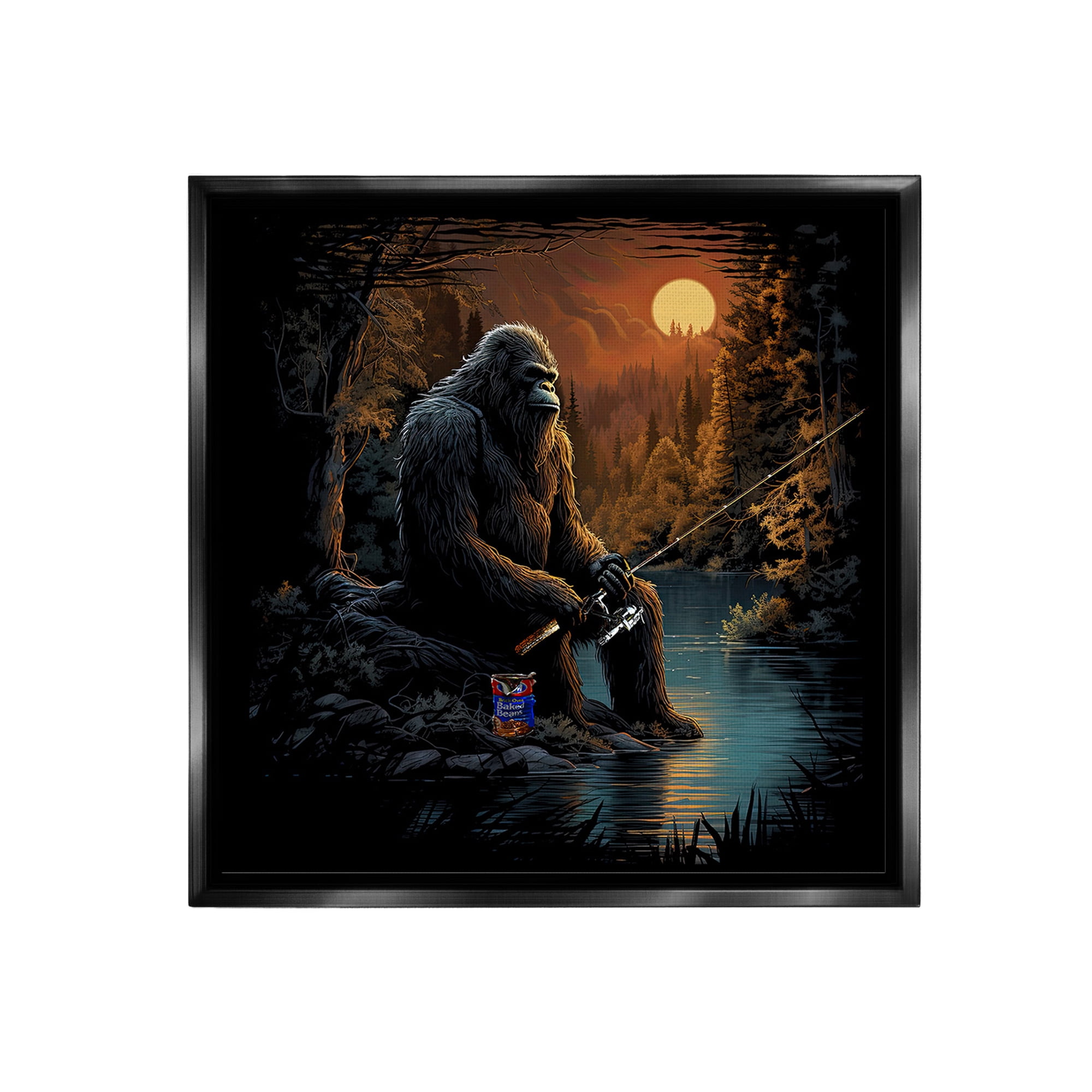 Stupell Industries Monster Fishing at Lake Fairy Tales & Fantasy Painting Black Floater Framed Canvas Art Print Wall Art, 18 x 18