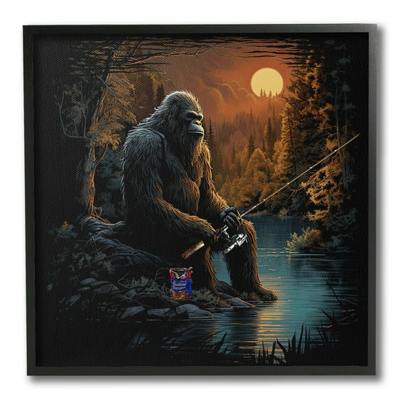 Stupell Industries Monster Fishing at Lake Fairy Tales & Fantasy Painting Black Framed Art Print Wall Art, 12 x 12