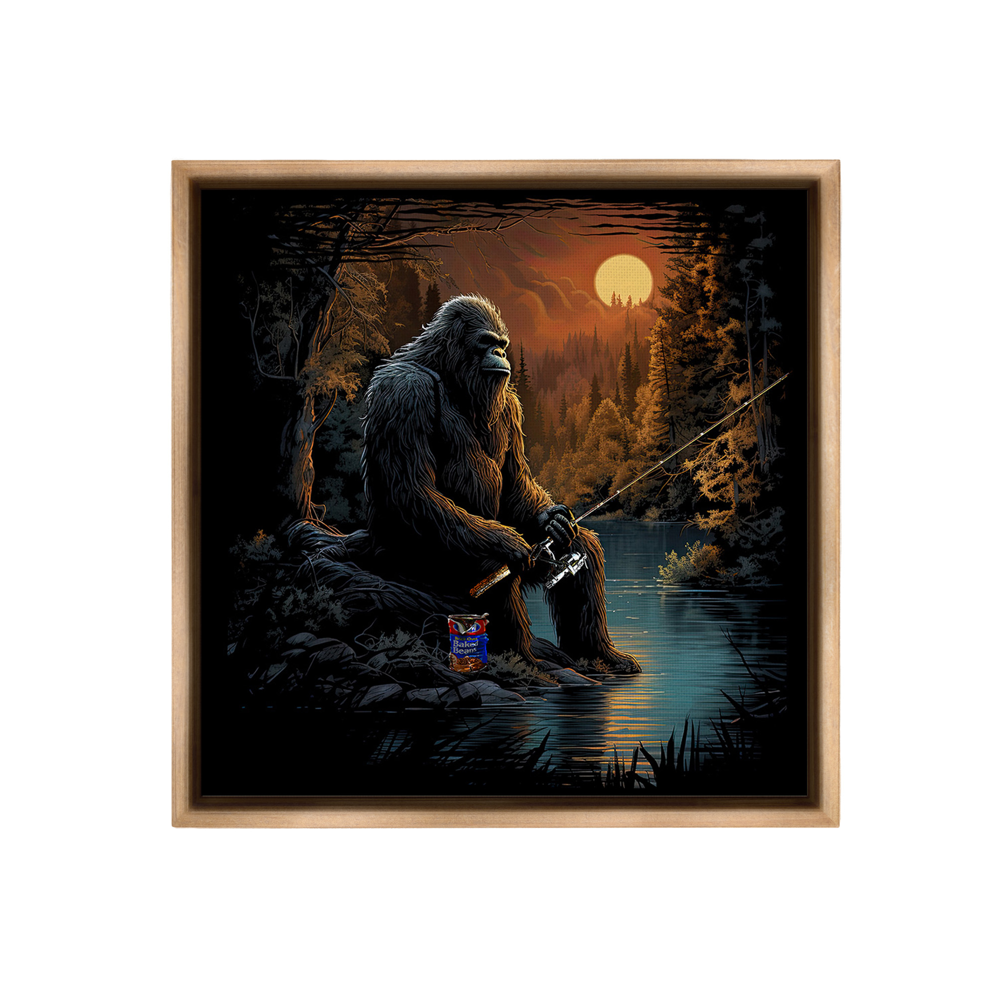 Stupell Industries Monster Fishing at Lake Fairy Tales & Fantasy Painting Brown Floater Framed Canvas Art Print Wall Art, 25 x 25