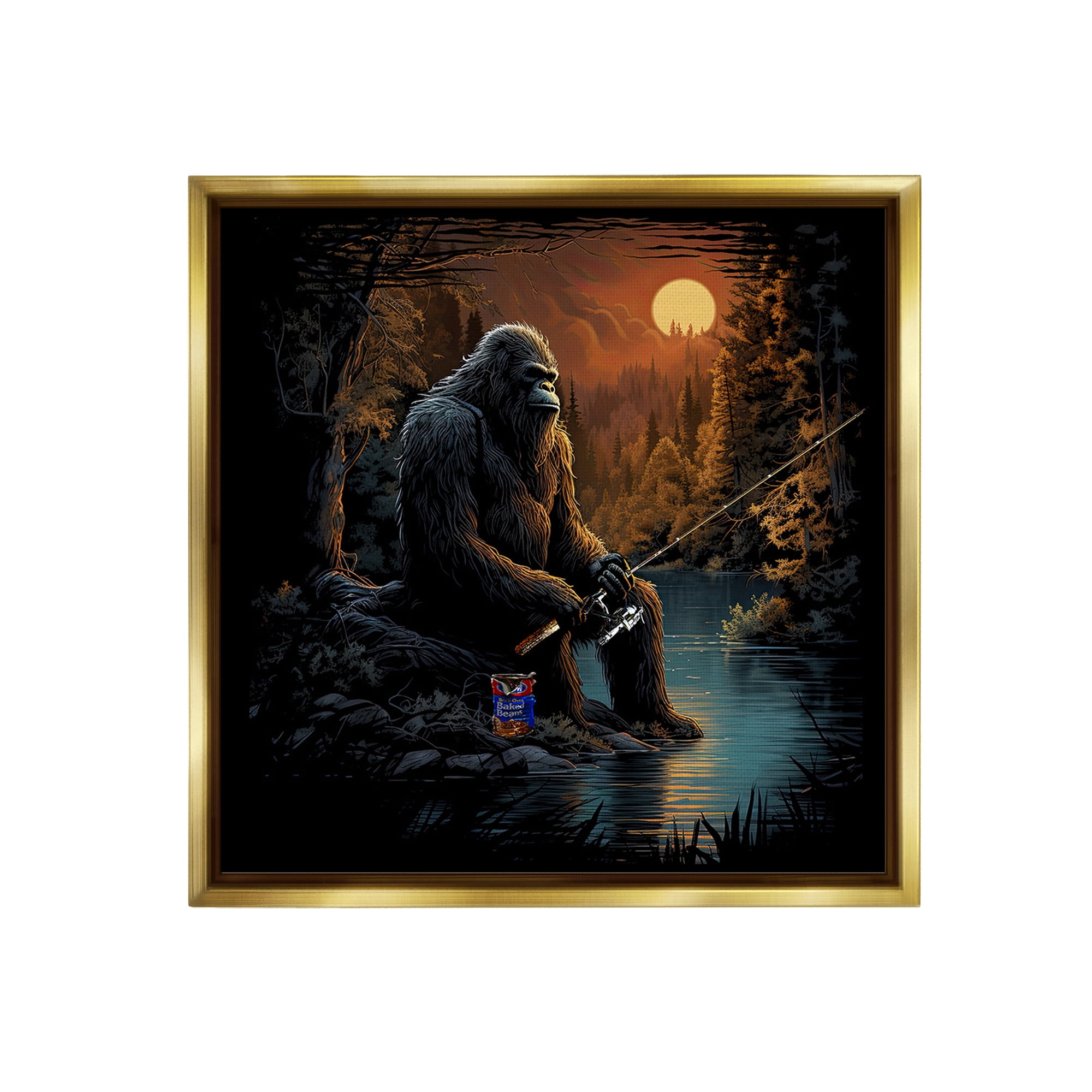 Stupell Industries Monster Fishing at Lake Fairy Tales & Fantasy Painting Gold Floater Framed Canvas Art Print Wall Art, 18 x 18