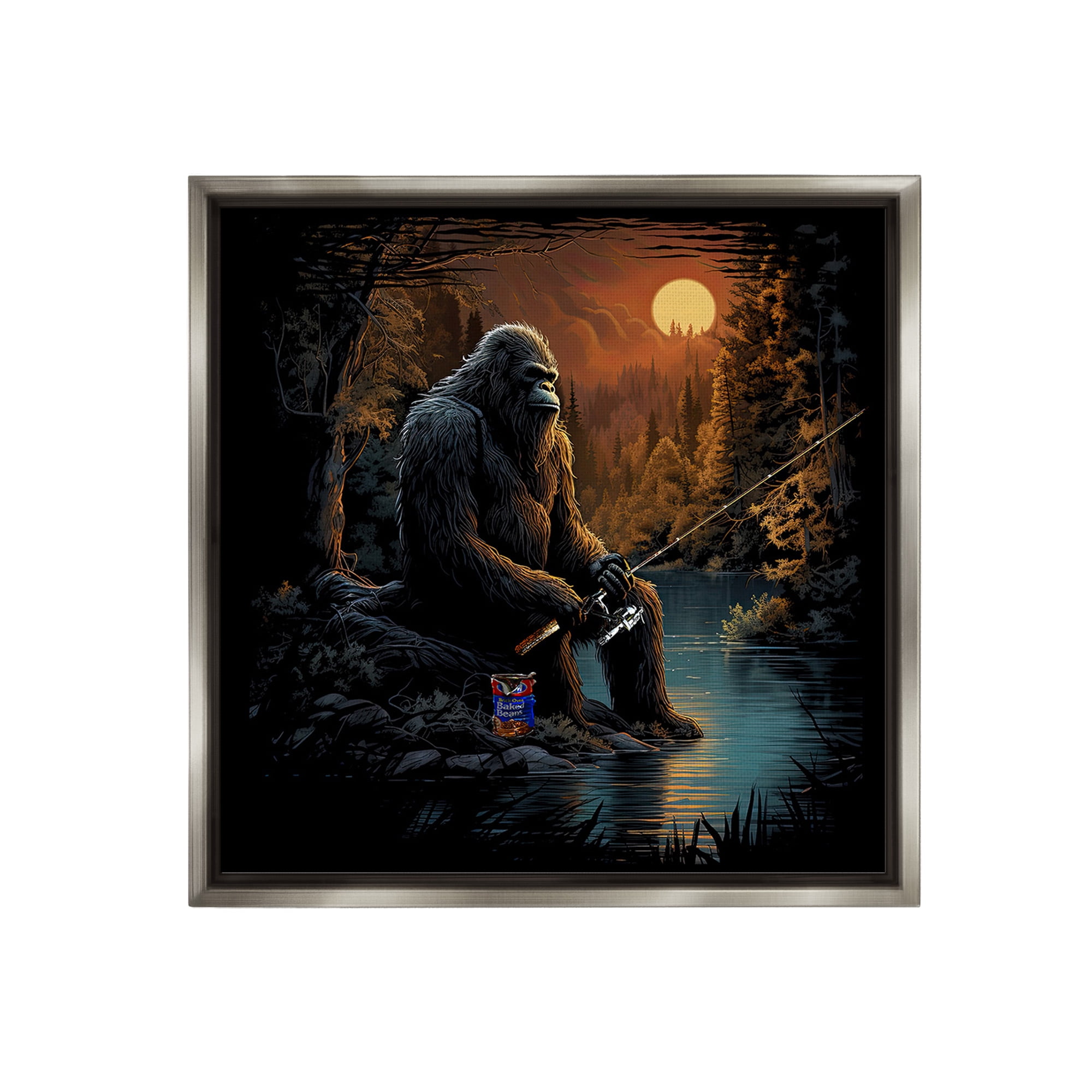 Stupell Industries Monster Fishing at Lake Fairy Tales & Fantasy Painting Gray Floater Framed Canvas Art Print Wall Art, 18 x 18