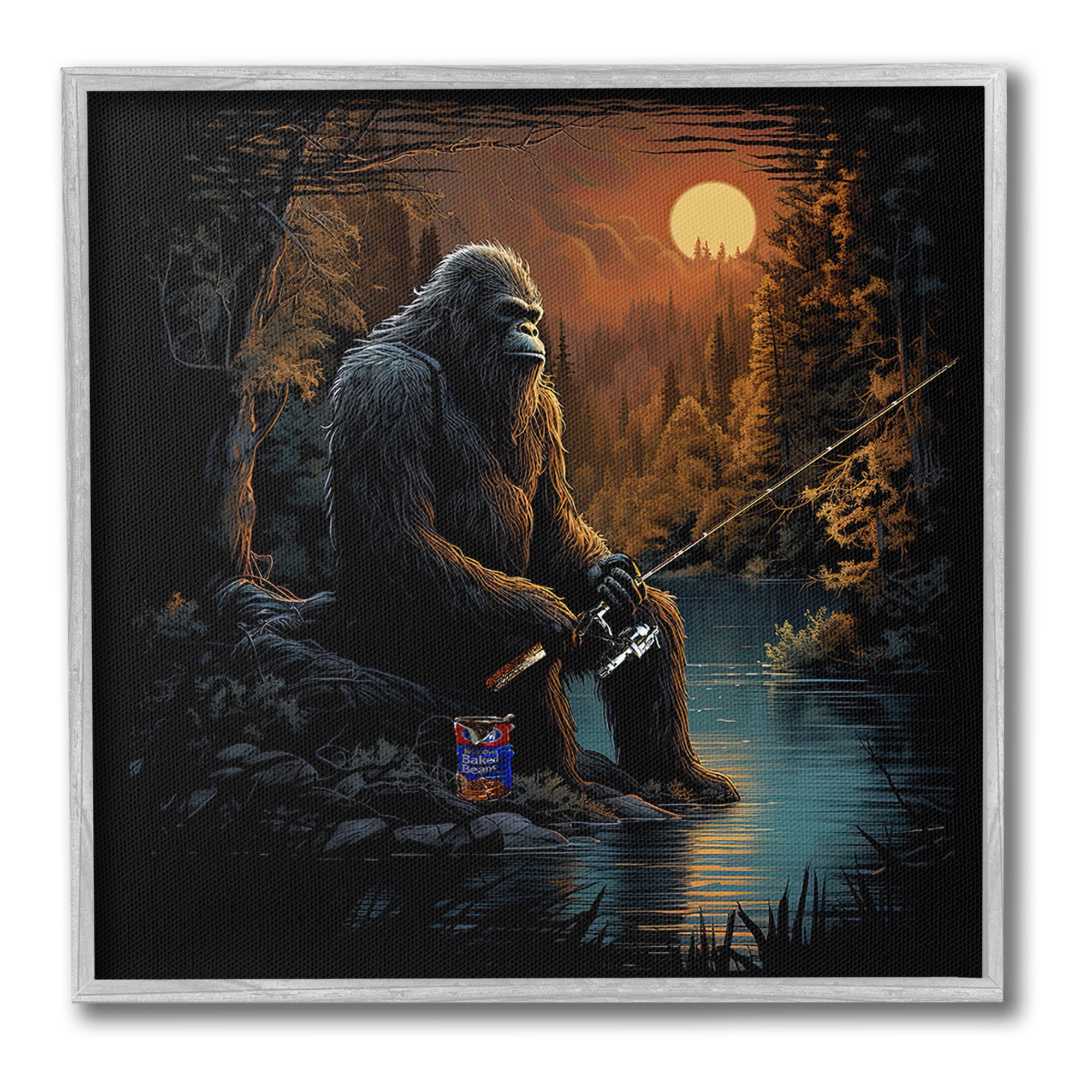 Stupell Industries Monster Fishing at Lake Fairy Tales & Fantasy Painting Gray Framed Art Print Wall Art, 17 x 17
