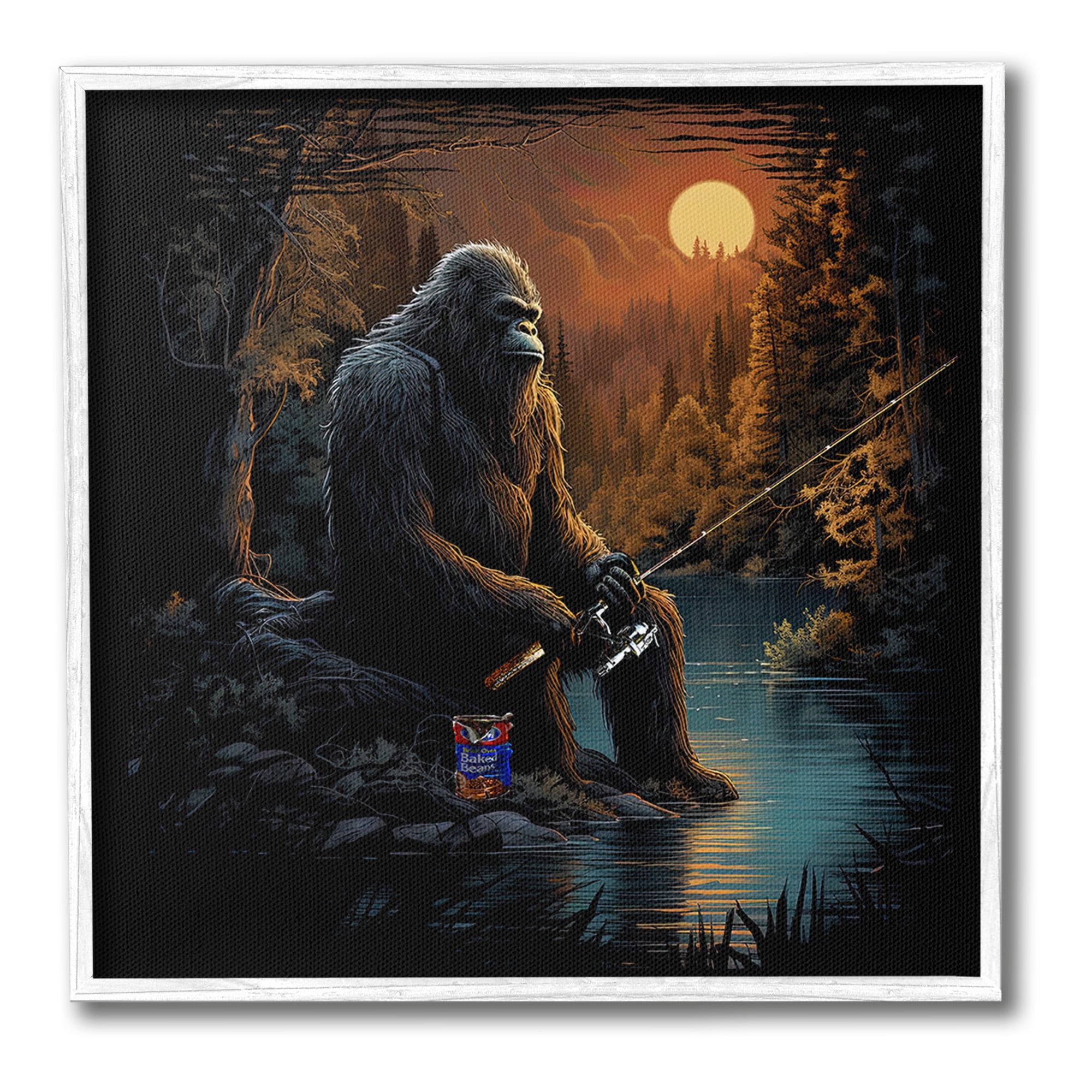 Stupell Industries Monster Fishing at Lake Fairy Tales & Fantasy Painting White Framed Art Print Wall Art, 12 x 12