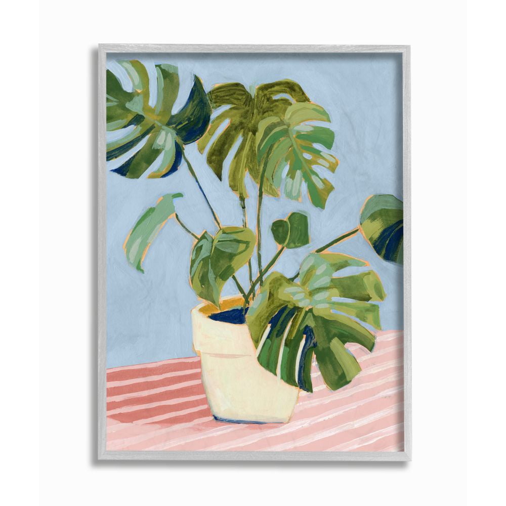 Stupell Industries Monstera Indoor Plant Leaves Green Pink Painting Framed Wall Art Design by Victoria Borges, 11" x 14", Gray Framed