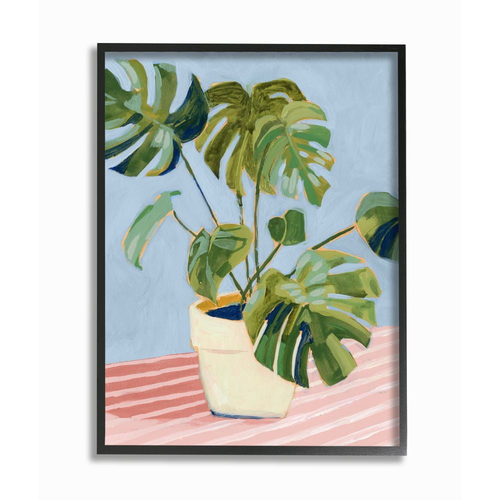 Stupell Industries Monstera Indoor Plant Leaves Green Pink Painting Framed Wall Art Design by Victoria Borges, 24" x 30", Black Framed
