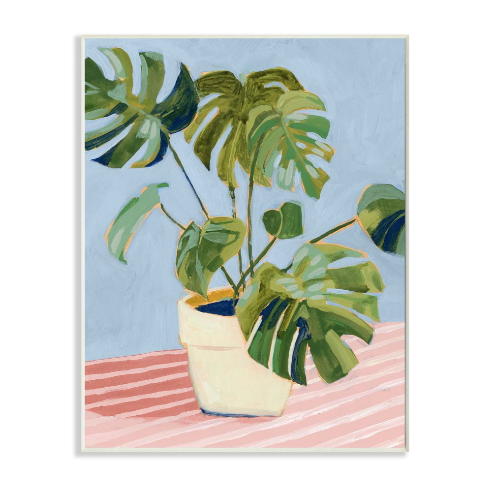 Stupell Industries Monstera Indoor Plant Leaves Green Pink Painting Wall Plaque Design by Victoria Borges