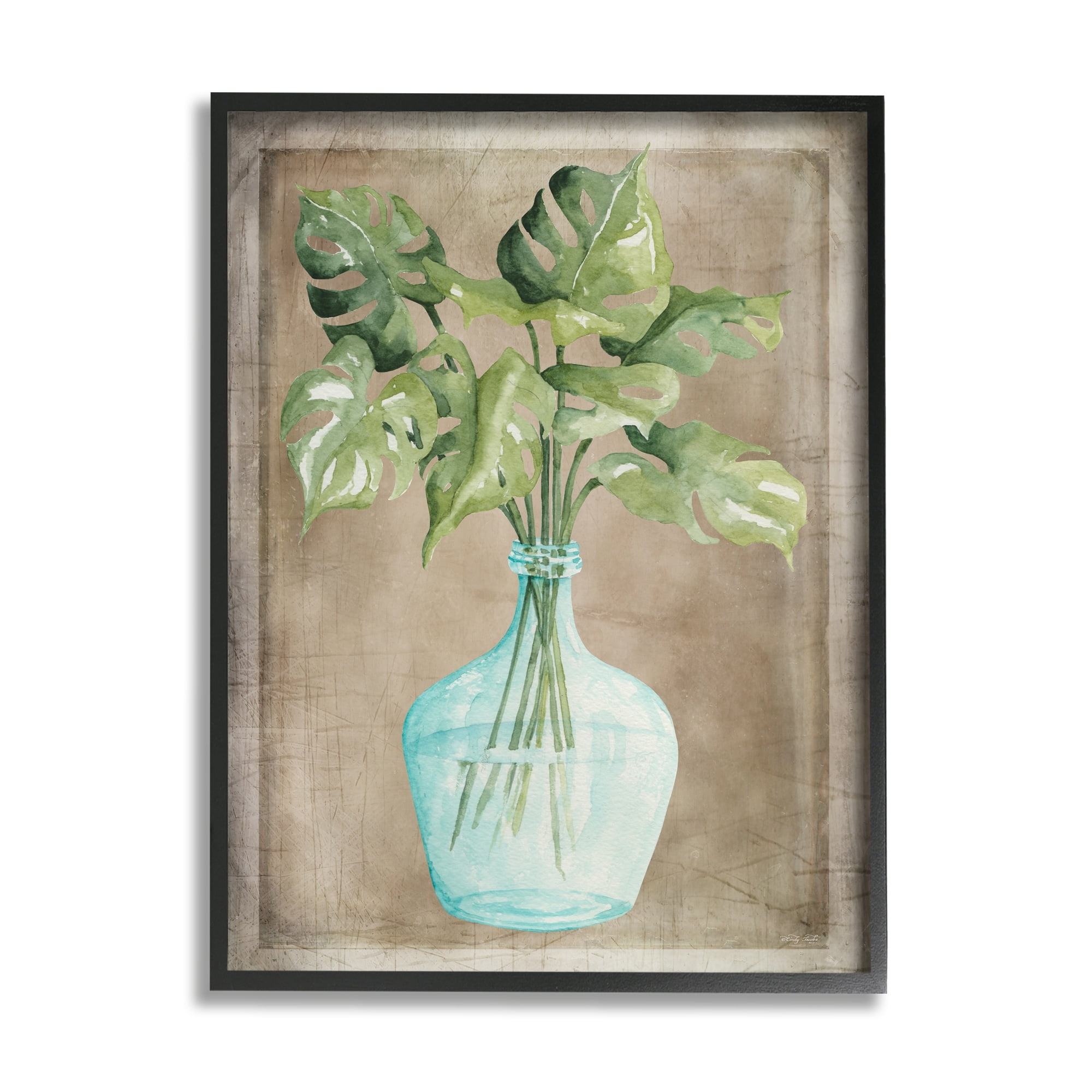Monstera Leaves in Glass Vase Black Framed Canvas Print