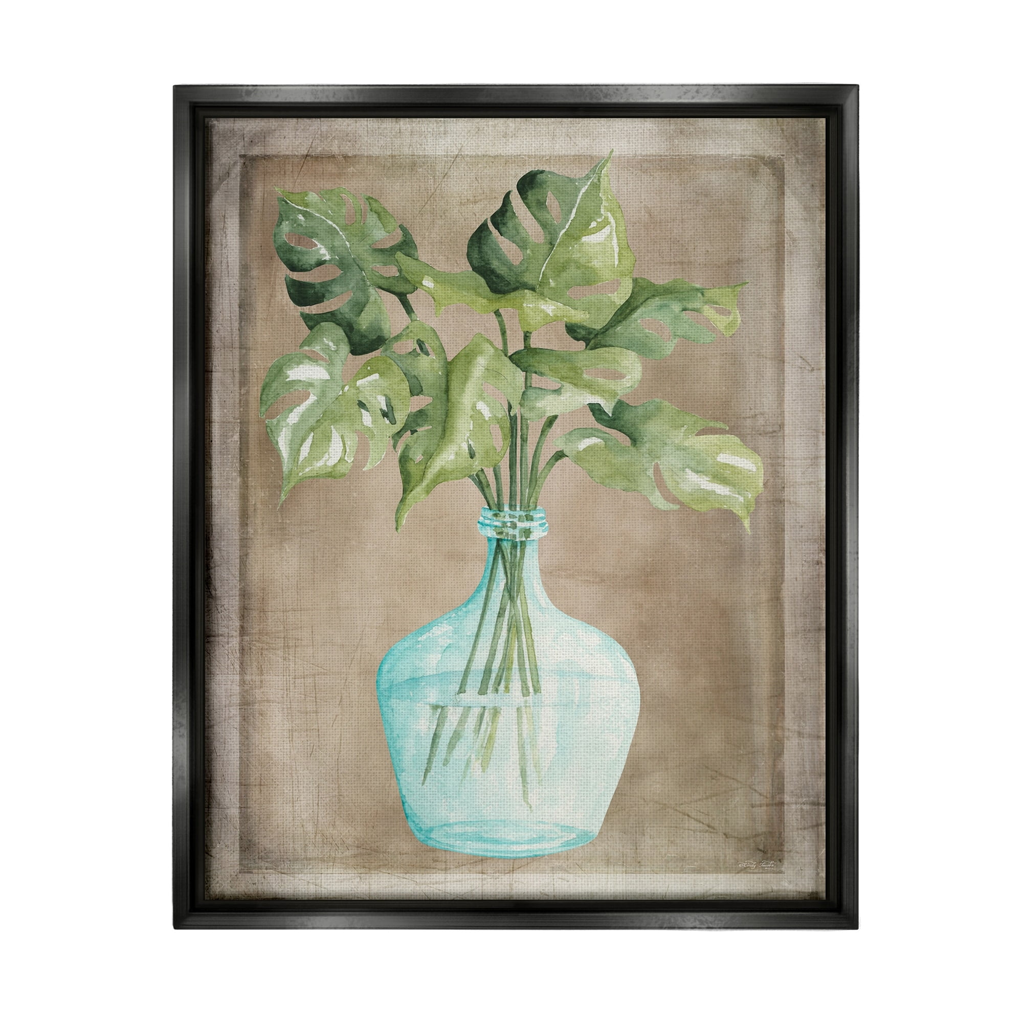 Stupell Industries Monstera Leaves Glass Vase Potted House Plant Painting Jet Black Floating Framed Canvas Print Wall Art, Design by Cindy Jacobs