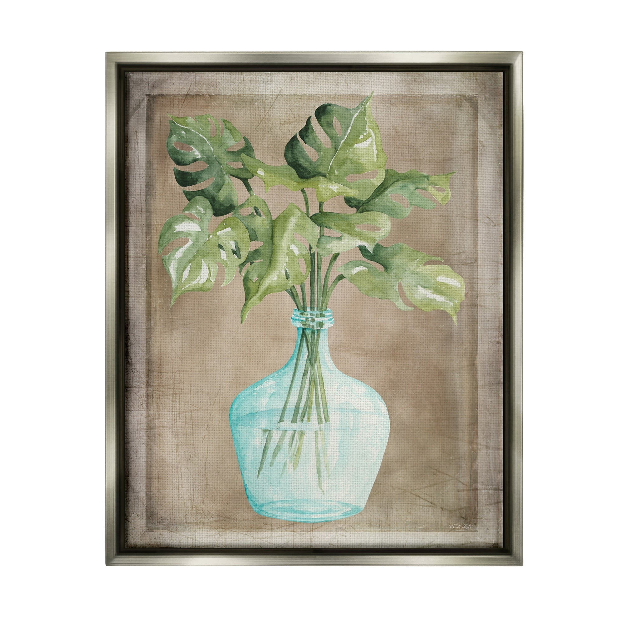Stupell Industries Monstera Leaves Glass Vase Potted House Plant Painting Luster Gray Floating Framed Canvas Print Wall Art, Design by Cindy Jacobs