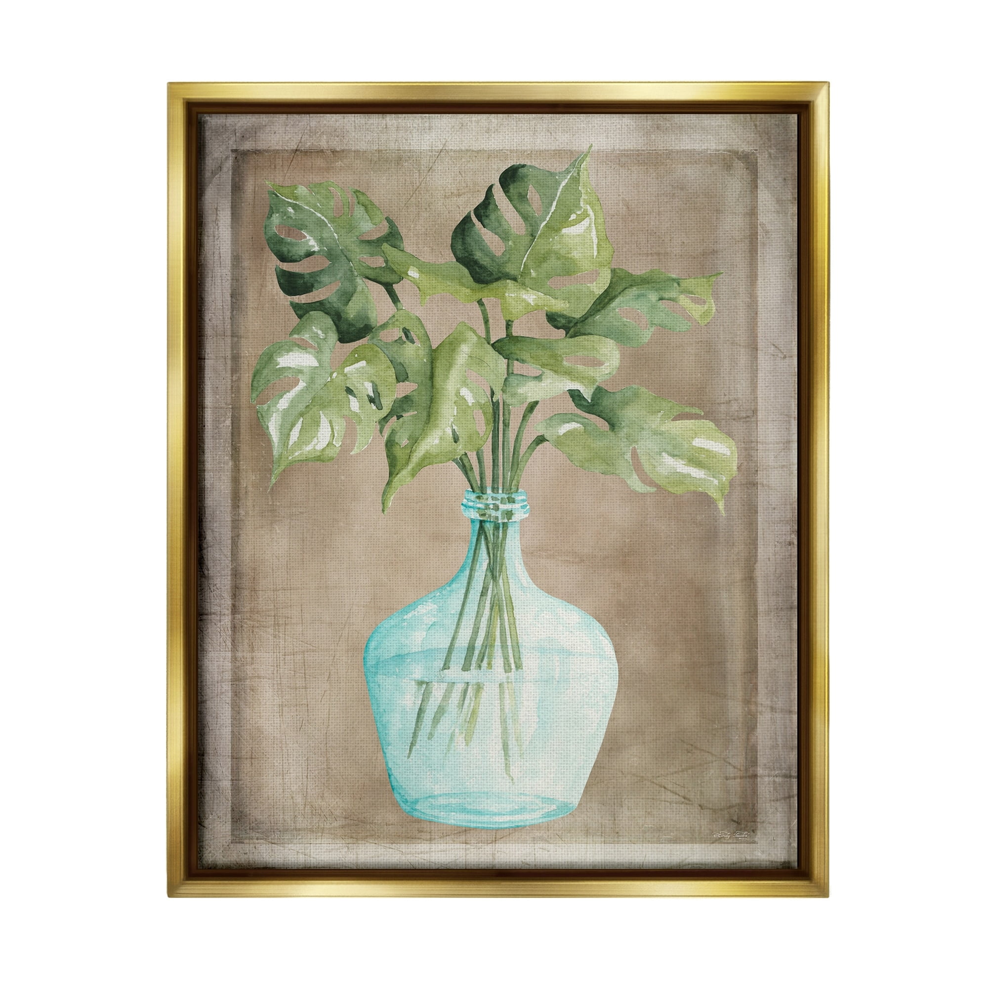 Stupell Industries Monstera Leaves Glass Vase Potted House Plant Painting Metallic Gold Floating Framed Canvas Print Wall Art, Design by Cindy Jacobs