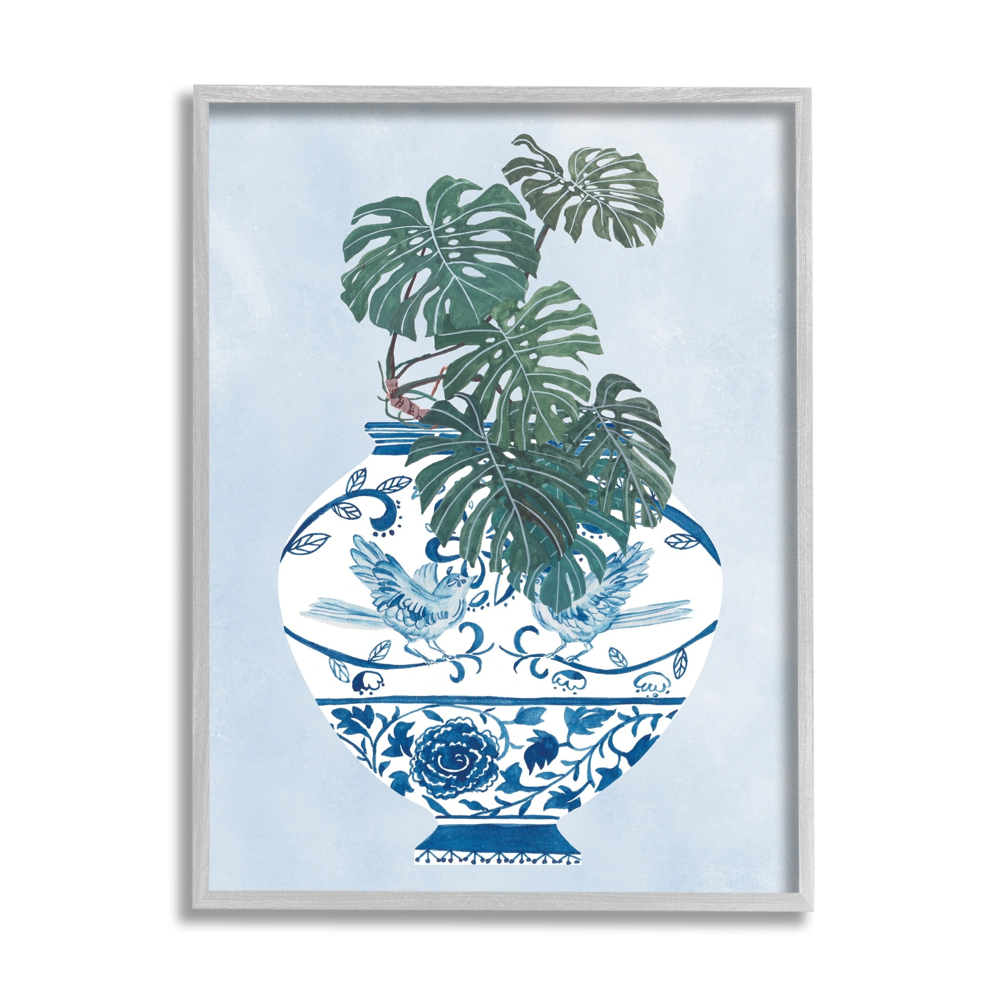 Gray Framed Blue Bird and Monstera Palm Print Wall Art, 11 x 14