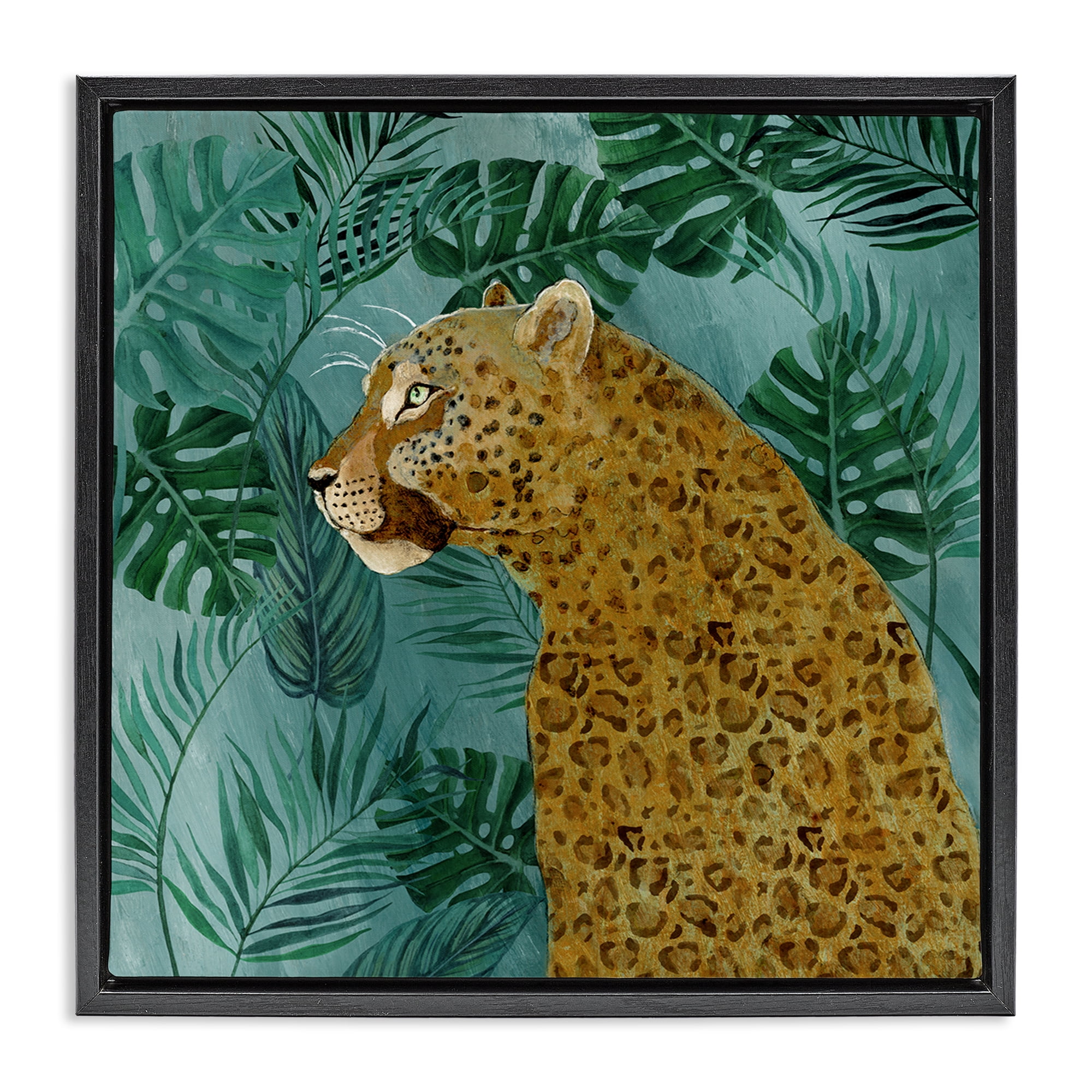 Stupell Industries Monstera & Palms Cheetah Animals Painting Black Floater Framed Canvas Art Print Wall Art, 25 x 25