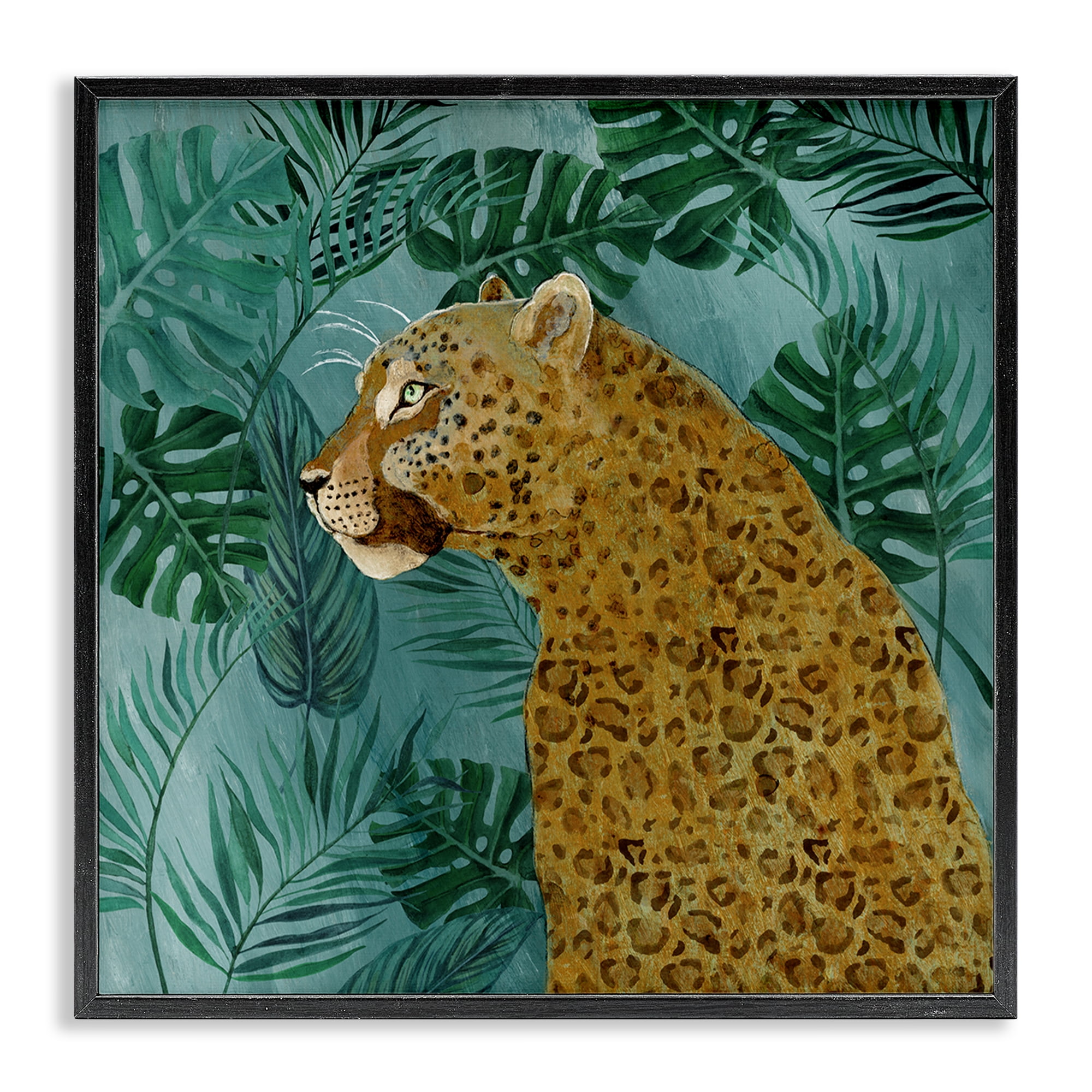 Stupell Industries Monstera & Palms Cheetah Animals Painting Black Framed Art Print Wall Art, 24 x 24