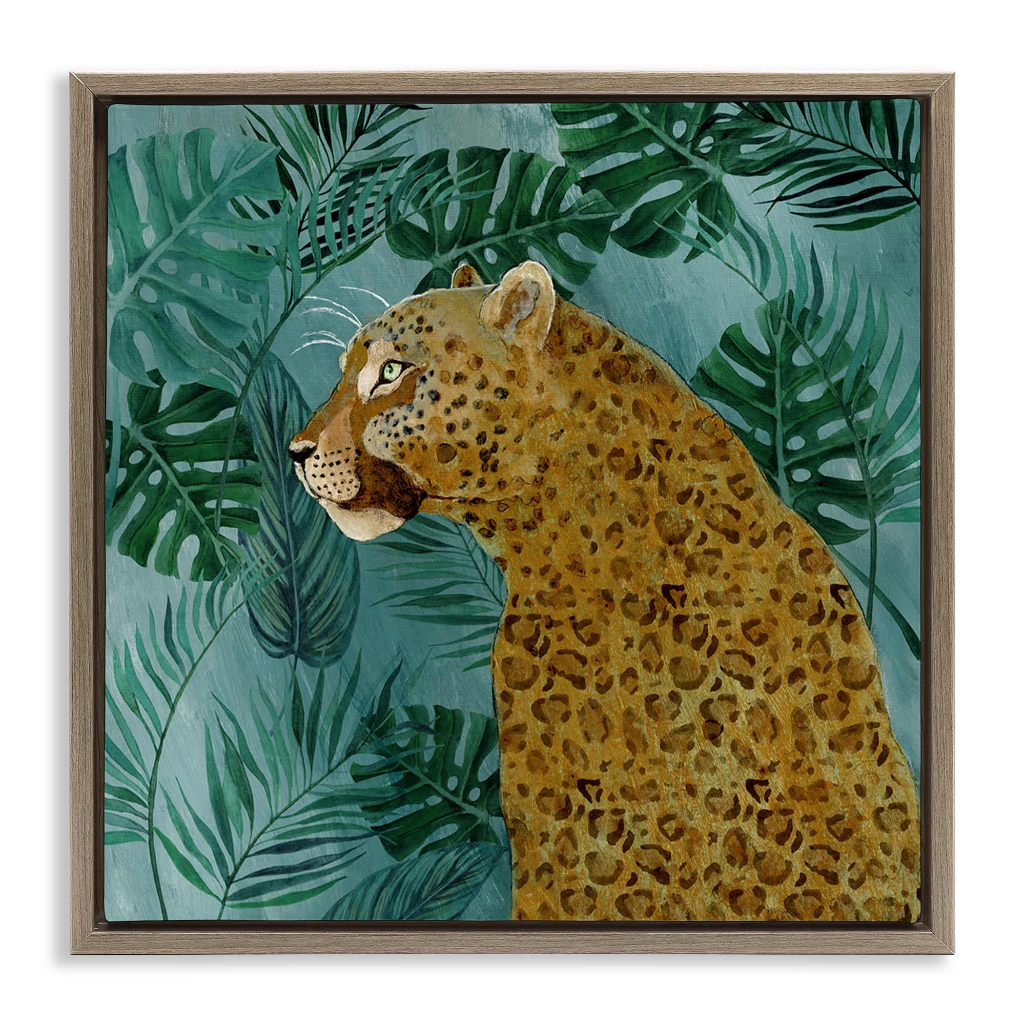 Stupell Industries Monstera & Palms Cheetah Animals Painting Brown Floater Framed Canvas Art Print Wall Art, 25 x 25