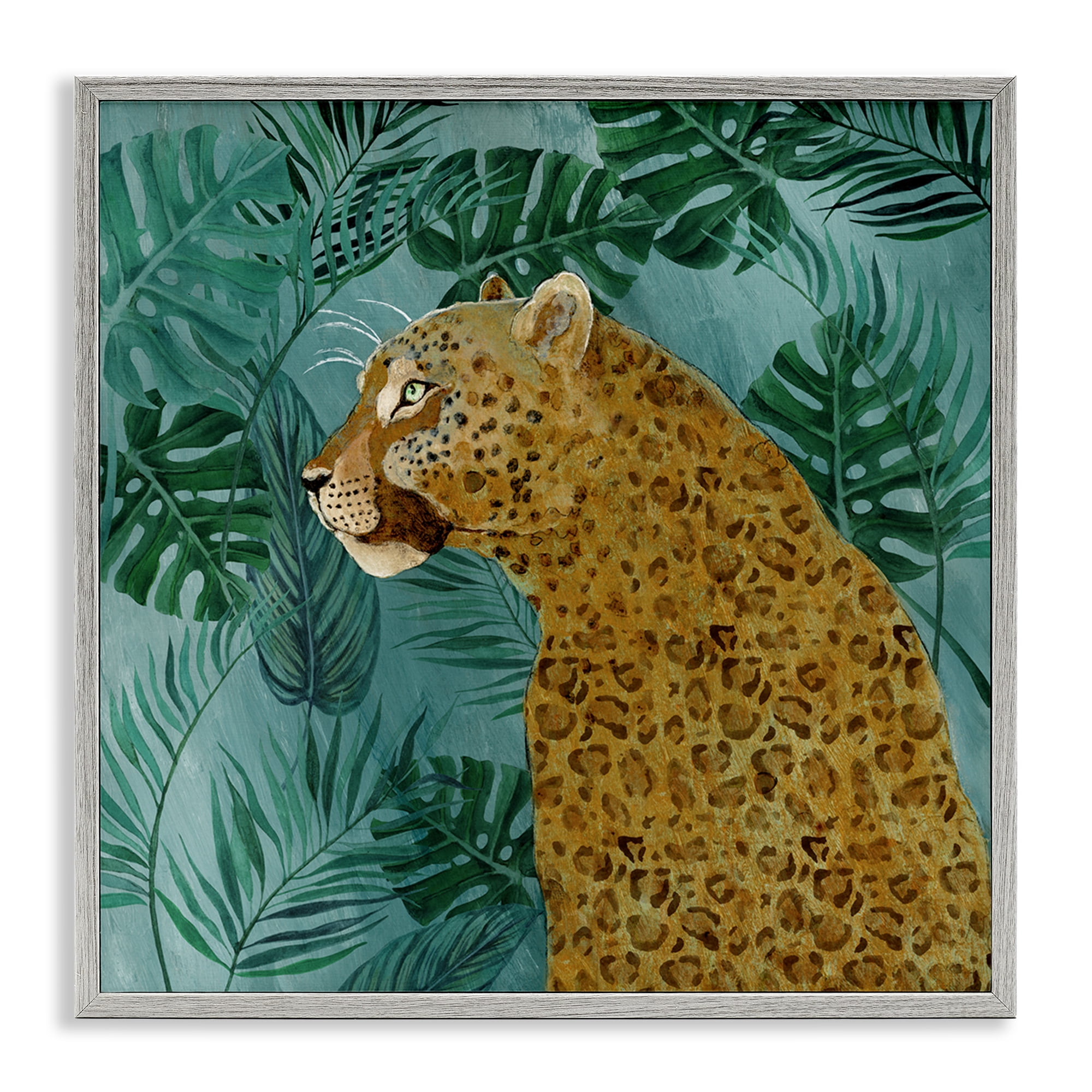 Stupell Industries Monstera & Palms Cheetah Animals Painting Gray Framed Art Print Wall Art, 12 x 12