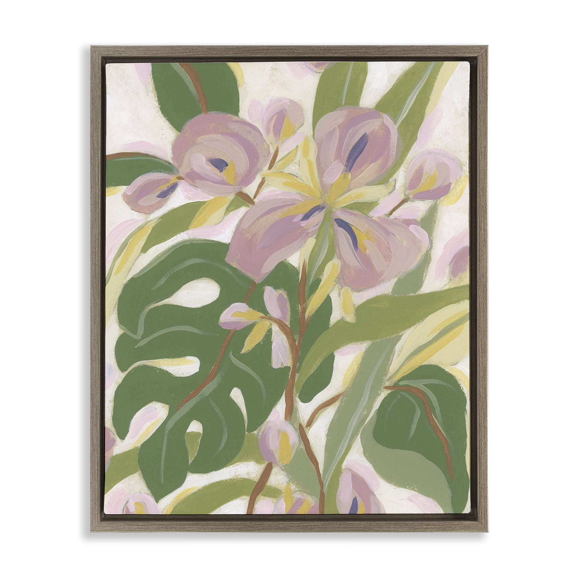 Stupell Industries Monstera & Pink Flower Plants & Flowers Painting Brown Floater Framed Canvas Art Print Wall Art, 25 x 31