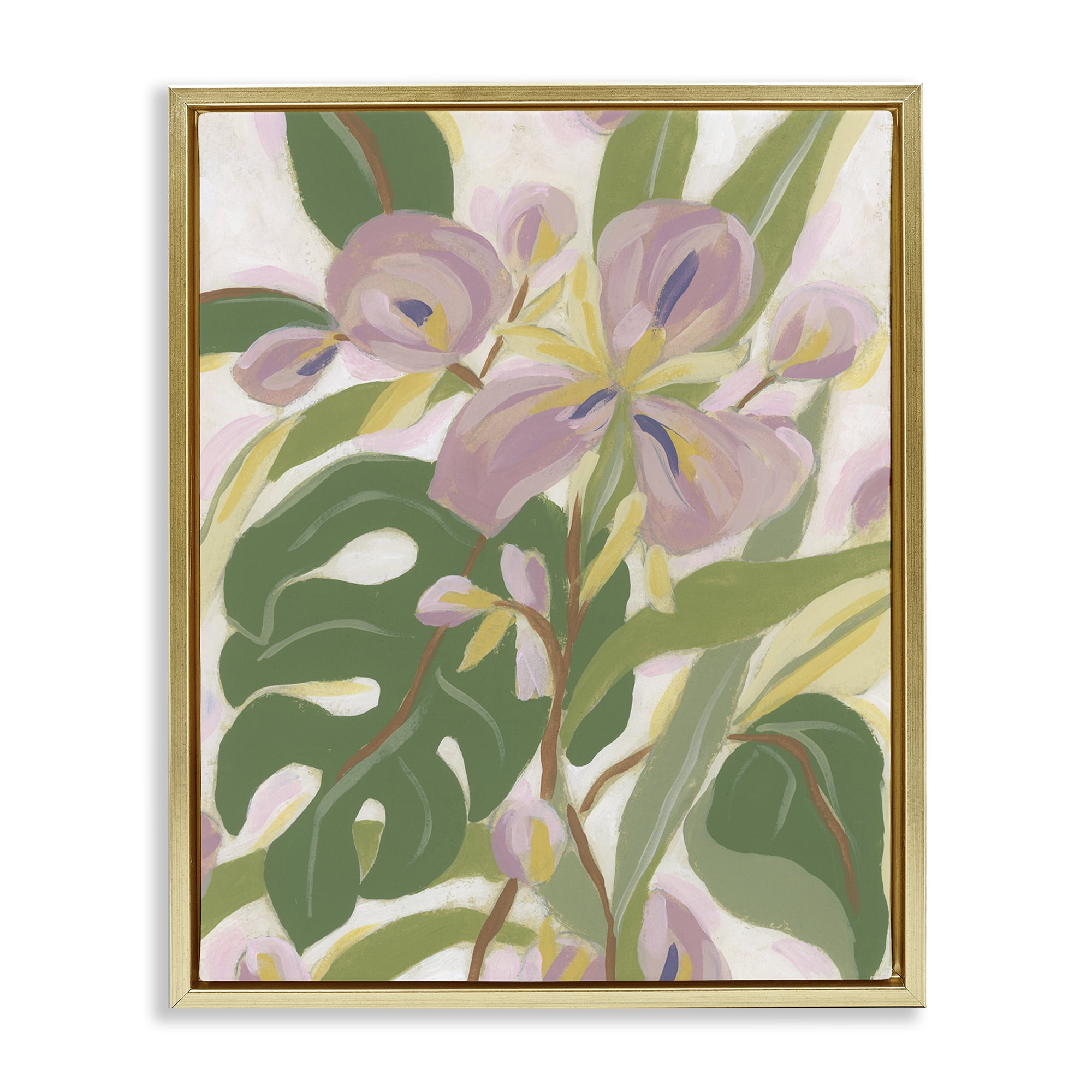 Stupell Industries Monstera & Pink Flower Plants & Flowers Painting Gold Floater Framed Canvas Art Print Wall Art, 17 x 21