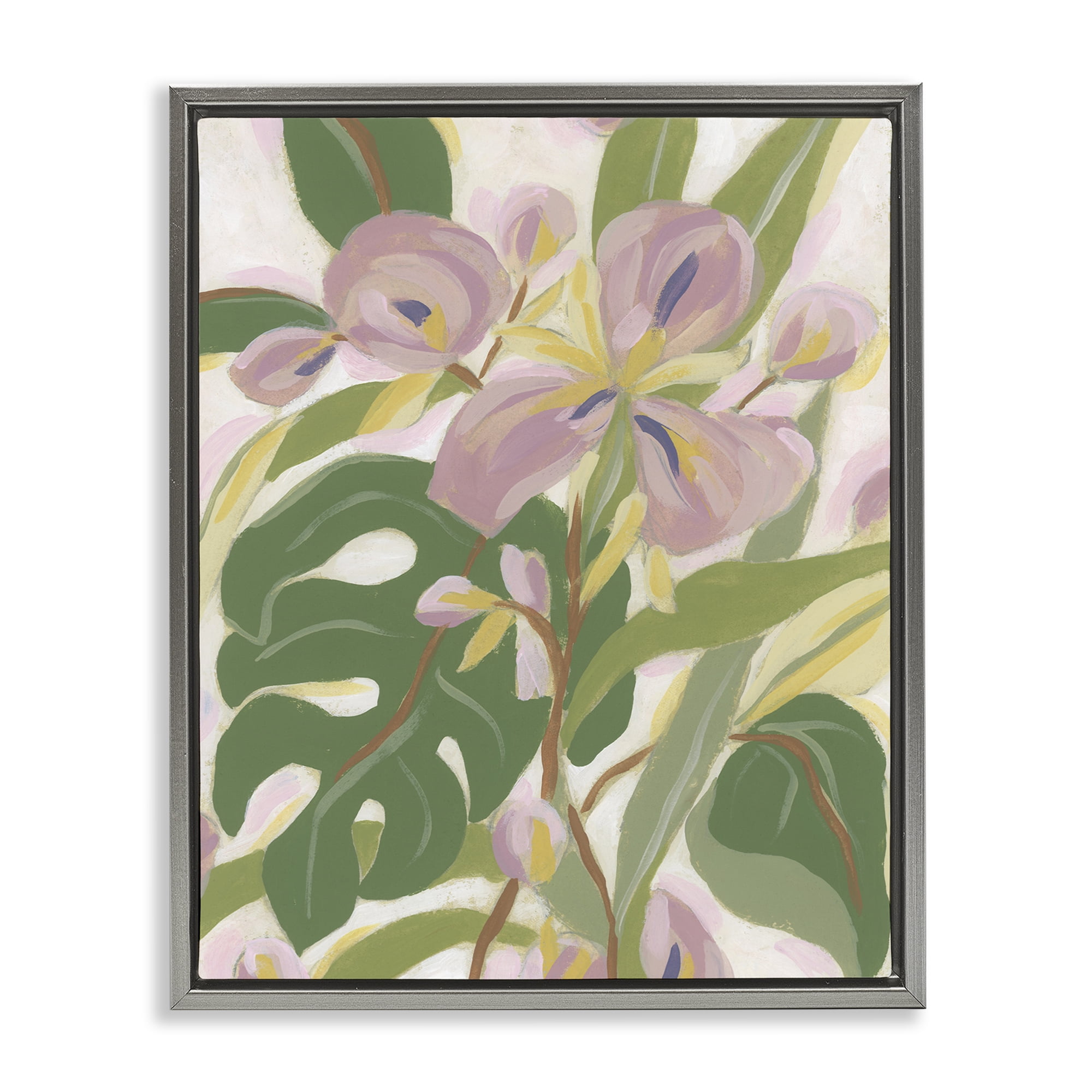 Stupell Industries Monstera & Pink Flower Plants & Flowers Painting Gray Floater Framed Canvas Art Print Wall Art, 25 x 31