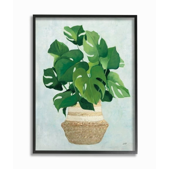 Stupell Industries Monstera Plant Basket Green Leaf Minimal Painting Framed Wall Art Design by Julia Purinton, 11" x 14", Black Framed